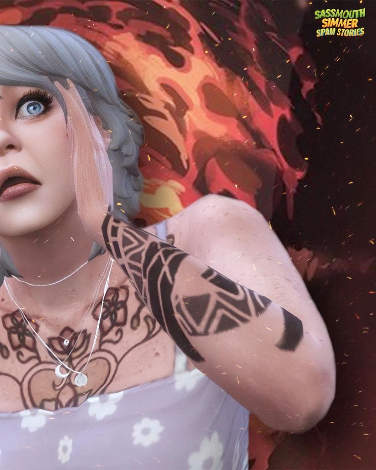Sassmouthsimmer's Spam Stories on Instagram. Image of a woman looking distressed in front of a whirl of flames.