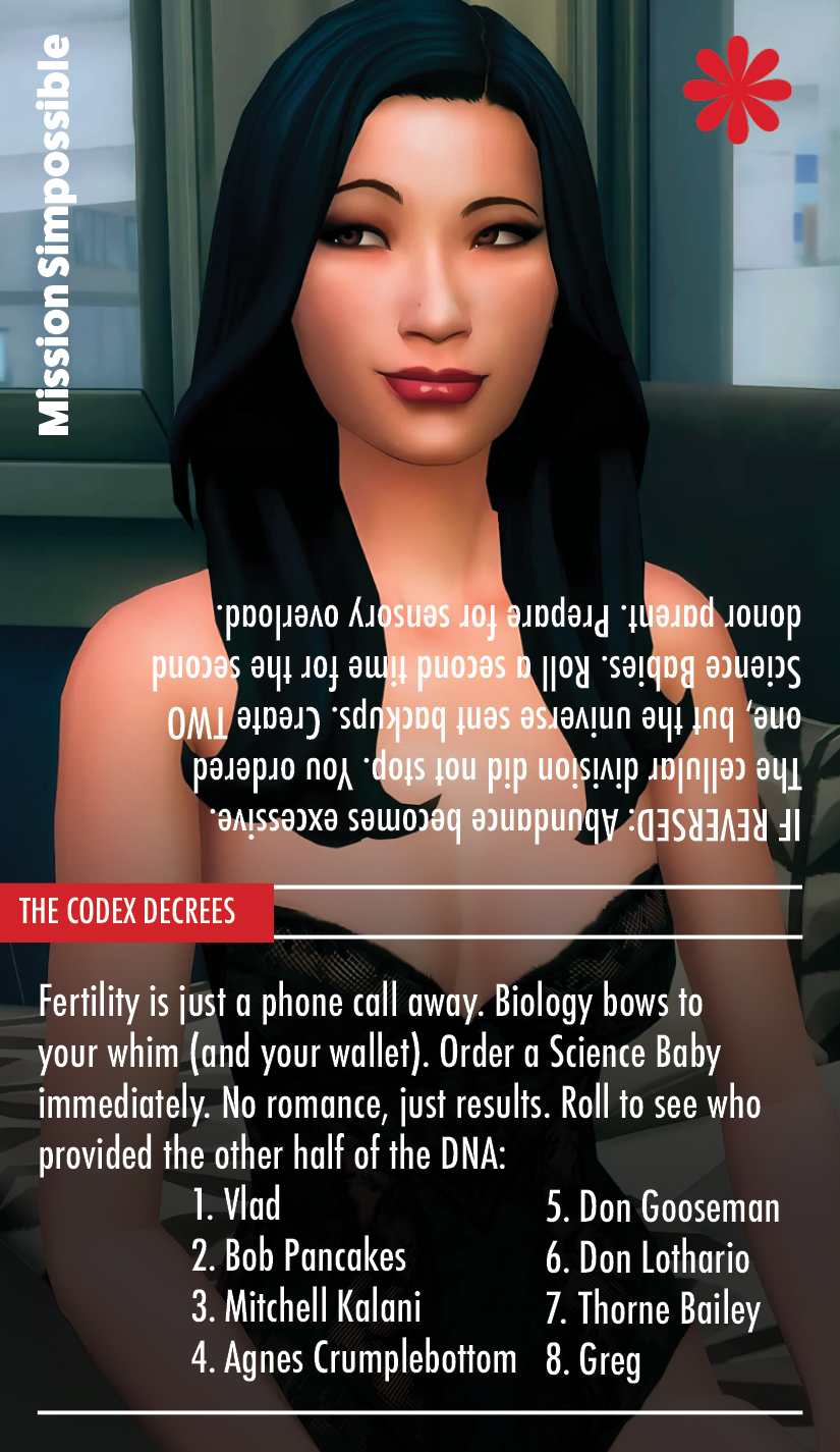 Sample card from The Watcher's Codex featuring Sara from Mission Simpossible.